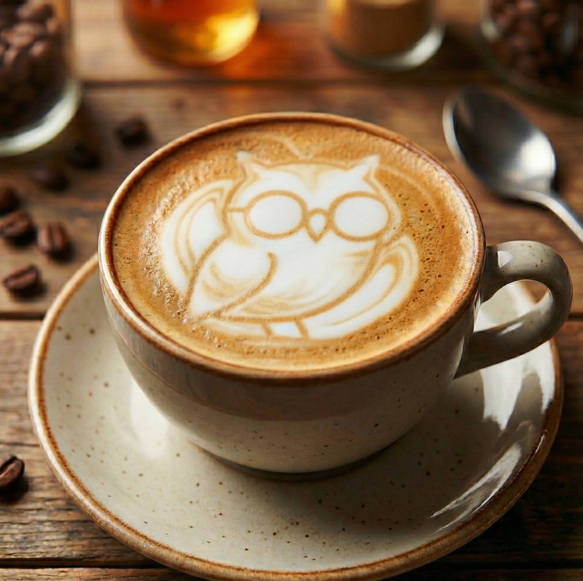 Cappuccino with owl latte art on a wooden table with coffee beans and a spoon.