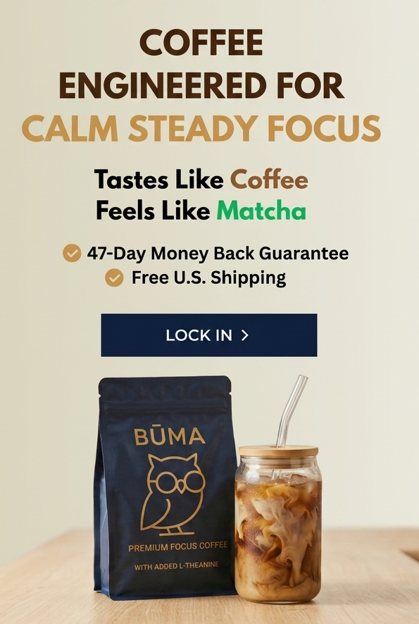 Būma Premium Focus Coffee bag and a glass of iced coffee on a wooden table. Text overlay reads: Coffee engineered for calm steady focus, tastes like coffee, feels like matcha.
